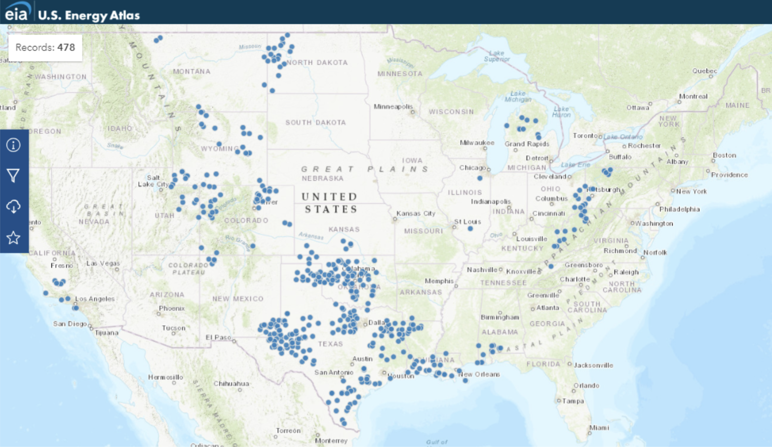Caption: A map of natural gas processing facilities in the US, which are subparts referenced by Appendix K in NSPS OOOOb
